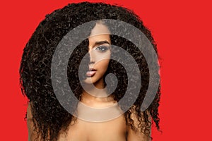 Beauty black skin woman African Ethnic female face. Young african american model with long afro hair. Lux model photo