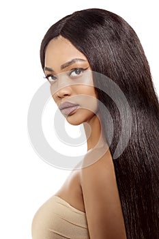 Beauty black skin woman African Ethnic female face. Young african american model with long hair