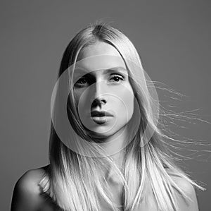 beauty black and white portrait of girl with smooth shining Hair