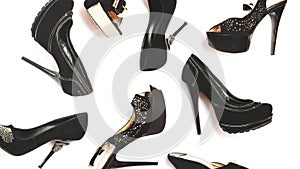 Beauty blog concept.picture of different shoes, Shot of several types of shoes, Several designs of women shoes. Leather Shoe. Pile