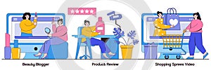 Beauty blogger, product review, shopping sprees video concept with people character. Video tutorials abstract vector illustration