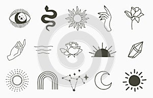 Beauty boho collection with hand,snake,eye,sun.Vector illustration for icon,sticker,printable and tattoo