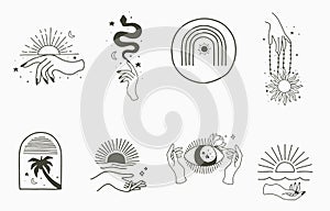 Beauty boho collection with hand,snake,mountain,sun.Vector illustration for icon,sticker,printable and tattoo photo