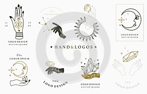 Beauty boho logo collection with hand, rose,crystal,moon,sun,star,eye.Vector illustration for icon,logo,sticker,printable and