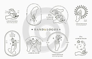 Beauty boho logo collection with hand, rose,crystal,moon,sun,star.Vector illustration for icon,logo,sticker,printable and tattoo