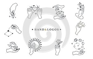 Beauty boho logo collection with hand, rose,crystal,sun,moon,star.Vector illustration for icon,logo,sticker,printable and tattoo