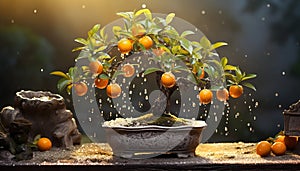 the beauty of a bonsai orange tree, its diminutive oranges adorned with dew drops