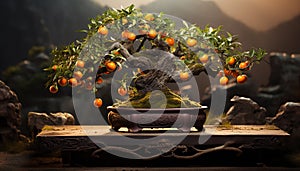 the beauty of a bonsai orange tree, its diminutive oranges adorned with dew drops photo