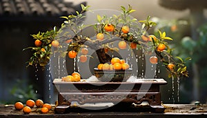 the beauty of a bonsai orange tree, its diminutive oranges adorned with dew drops photo