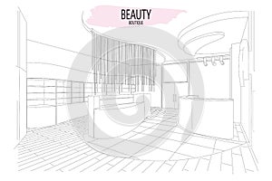 Beauty boutique interior outline sketch with modern design