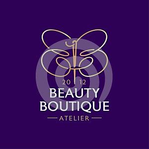 Beauty Boutique logo. Double B like a butterfly with needle and thread. Atelier emblem.