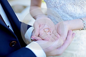 Beauty bride and handsome groom are wearing rings each other