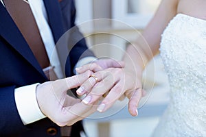 Beauty bride and handsome groom are wearing rings each other