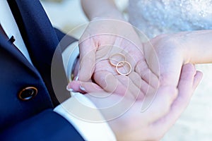 Beauty bride and handsome groom are wearing rings each other