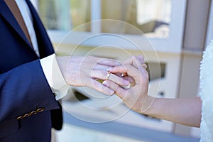 Beauty bride and handsome groom are wearing rings each other