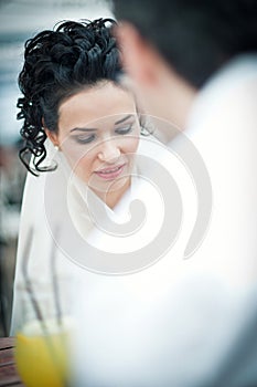 Beauty bride talking with groom