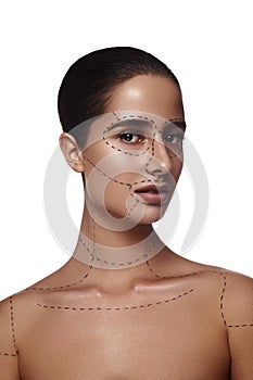 Beauty brunette Woman with Lines on Face and Body