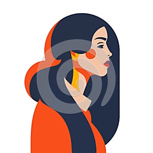 Beauty brunette woman pop art paint orange color abstract portrait minimalist avatar vector flat