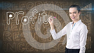 Beauty businesswoman on painted background with marketing words. Advertising, investment and business plan concept