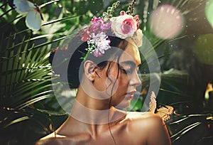 Beauty, butterfly and woman with flowers crown for sensitive glowing skin, natural cosmetics or luxury face makeup. Dust