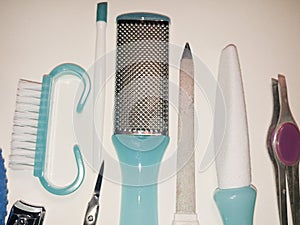 Beauty care pedicure tools, products, isolated on a white background.