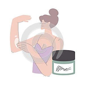 Beauty Care with Young Woman Apply Lotion or Cream on Hand Vector Illustration