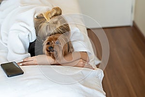 Beauty caucasian woman in pajamas using smart phone in the bed and kissing her cute small brown dog yorkshire terrier. Sleeping