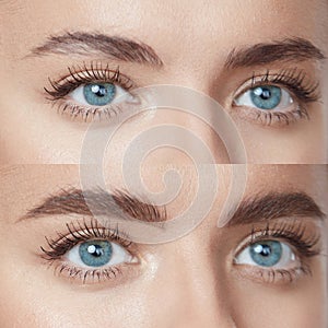 Beauty. Close Up WomanÃ¢â¬â¢s Eyebrows Before And After Microblading. photo