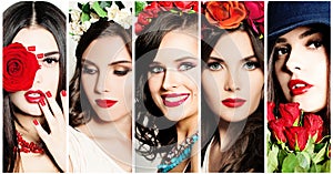 Beauty Collage. Faces of Women. Red Lips and Flowers