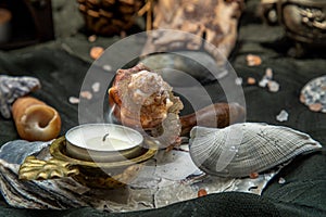 Beauty composition with Burning candle aroma oil lamp on dark background