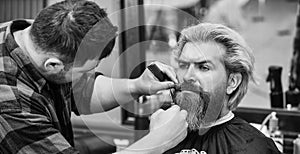 Beauty Concept. making new hairstyle. male hairdresser in workshop. bearded man.