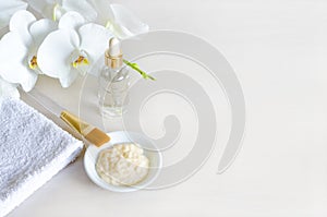 Beauty concept. natural cosmetic products, ingredients on light background, serum, cream, mask. clean skin