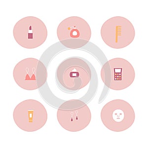 Beauty cosmetic circle icon button set with lipstick, perfume, combing hair brush, bikini, facial treatment cream, eye shadow