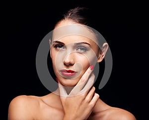 Beauty, cosmetic and hand for female person, cosmetology and lipstick on studio background. Makeup, manicure and