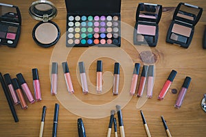 Beauty cosmetic makeup essentials on stylish artist table
