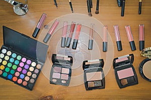 Beauty cosmetic makeup essentials on stylish artist table