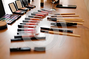 Beauty cosmetic makeup essentials on stylish artist table