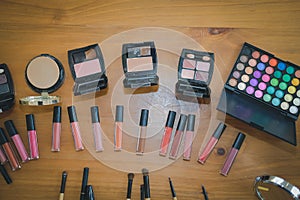 Beauty cosmetic makeup essentials on stylish artist table