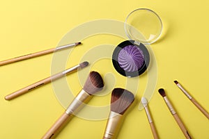 Beauty cosmetic makeup product layout. Fashion woman make up brushes. Stylish design background. Creative fashionable concept. Cos
