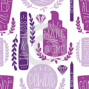 Beauty cosmetic makeup seamless pattern hand draw. Label Hand made production