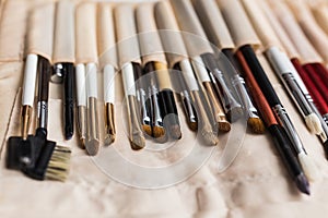 Makeup, beauty and cosmetics concept - Set of make-up brushes in a light case.