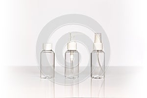 Beauty cosmetics glassbottle; branding mock up; front view on pastel white background.