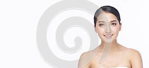 Beauty, cosmetics, healthy, treatment, skincare spa concept. Asian young woman with clear fresh skin looking at camera.