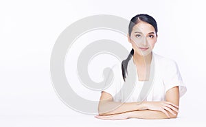 Beauty, cosmetics, healthy, treatment, skincare and spa concept. Asian young woman looking at camera with clear fresh skin.