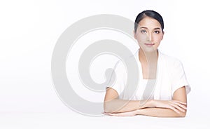 Beauty, cosmetics, healthy, treatment, skincare and spa concept. Asian young woman touching own face with clear fresh skin.