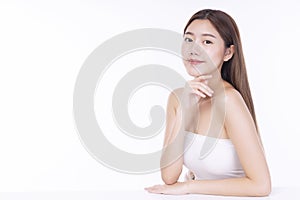 Beauty, cosmetics, healthy, treatment, skincare spa concept. Asian young woman touching own face with clear fresh skin.