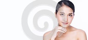 Beauty, cosmetics, healthy, treatment, skincare spa concept. Asian young woman touching own face with clear fresh skin.