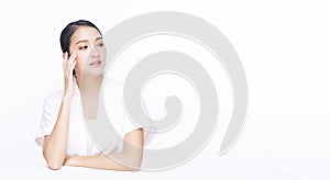 Beauty, cosmetics, healthy, treatment, skincare spa concept. Asian young woman touching own face with clear fresh skin.