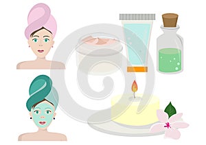 Beauty and cosmetics icon set with beautiful young adult woman, holding hand near face on white background. SPA and massage