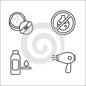 beauty cosmetics line icons. linear set. quality vector line set such as hair dryer, toner, no chemical